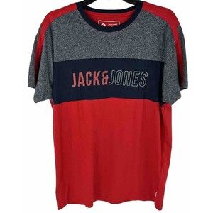 JACK & JONES Mens XL Core Colorblock T-Shirt Top Grey Red Large Logo UK Size NWT